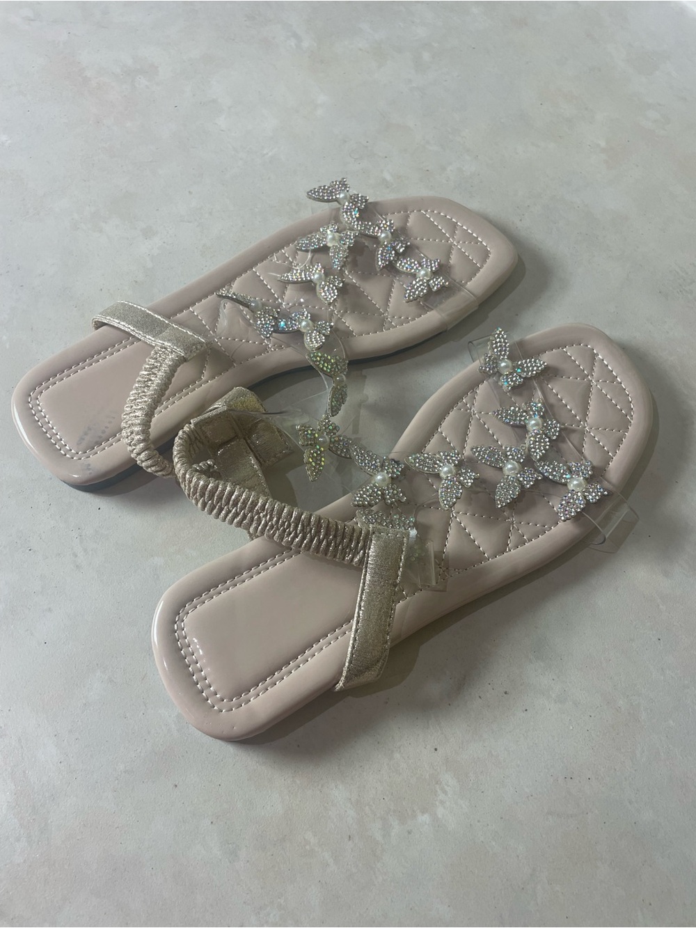 Embellished Beige Women's Sandals with Elastic Back Strap
